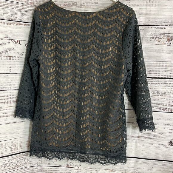 Charter club Top womens Size Medium Lace Blouse Preppy Scallop Trim Gray New - Picture 7 of 9